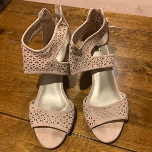 Blush pink suede peep toe heels, size 11, little wear